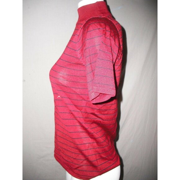 Gianni Womens Red Black Striped Mock Neck Short Sleeve Shirt Size Petite Medium - Picture 4 of 6
